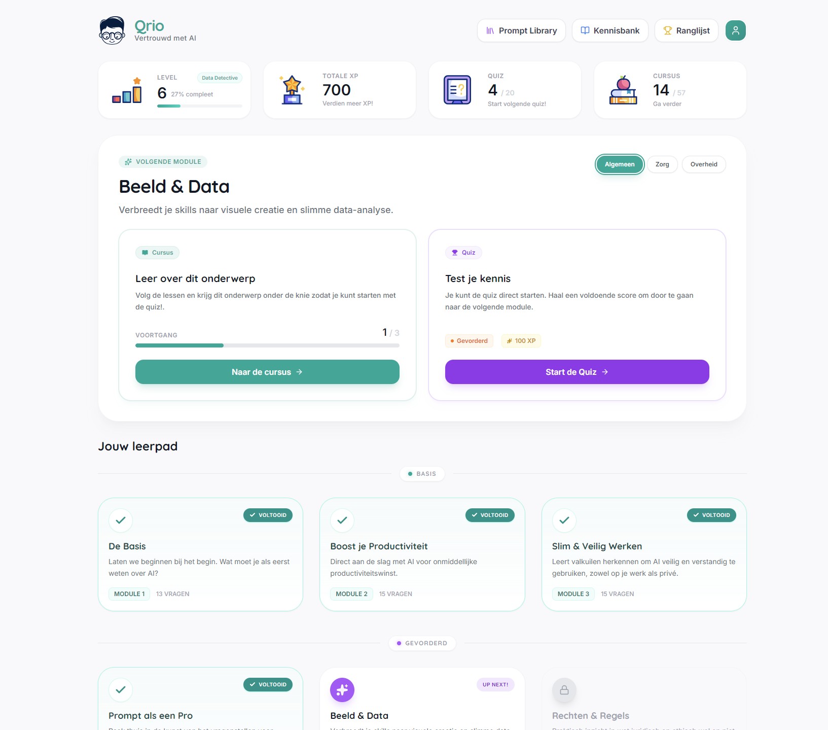 Qrio Dashboard - Medewerker overzicht met leerpad, voortgang en gamification